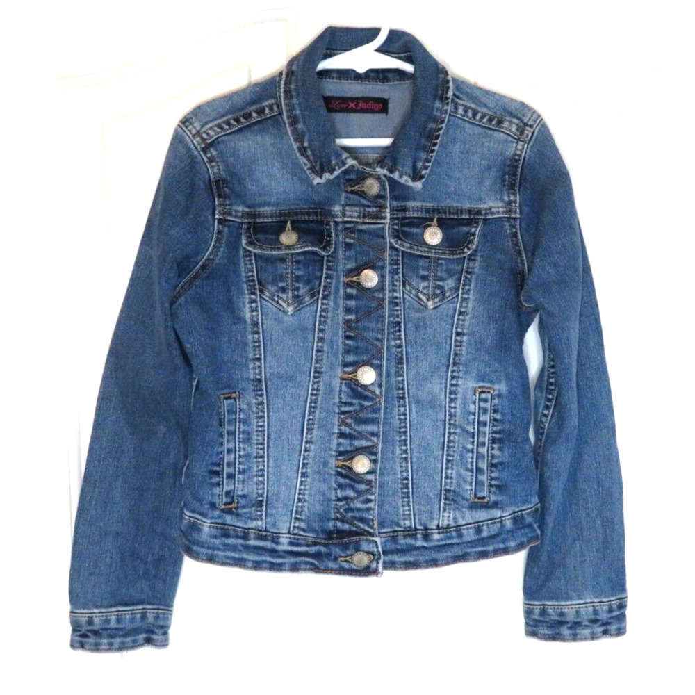 Love Indigo Girls Jacket Blue Denim Jean Cotton Button Up Stretch - Size Small